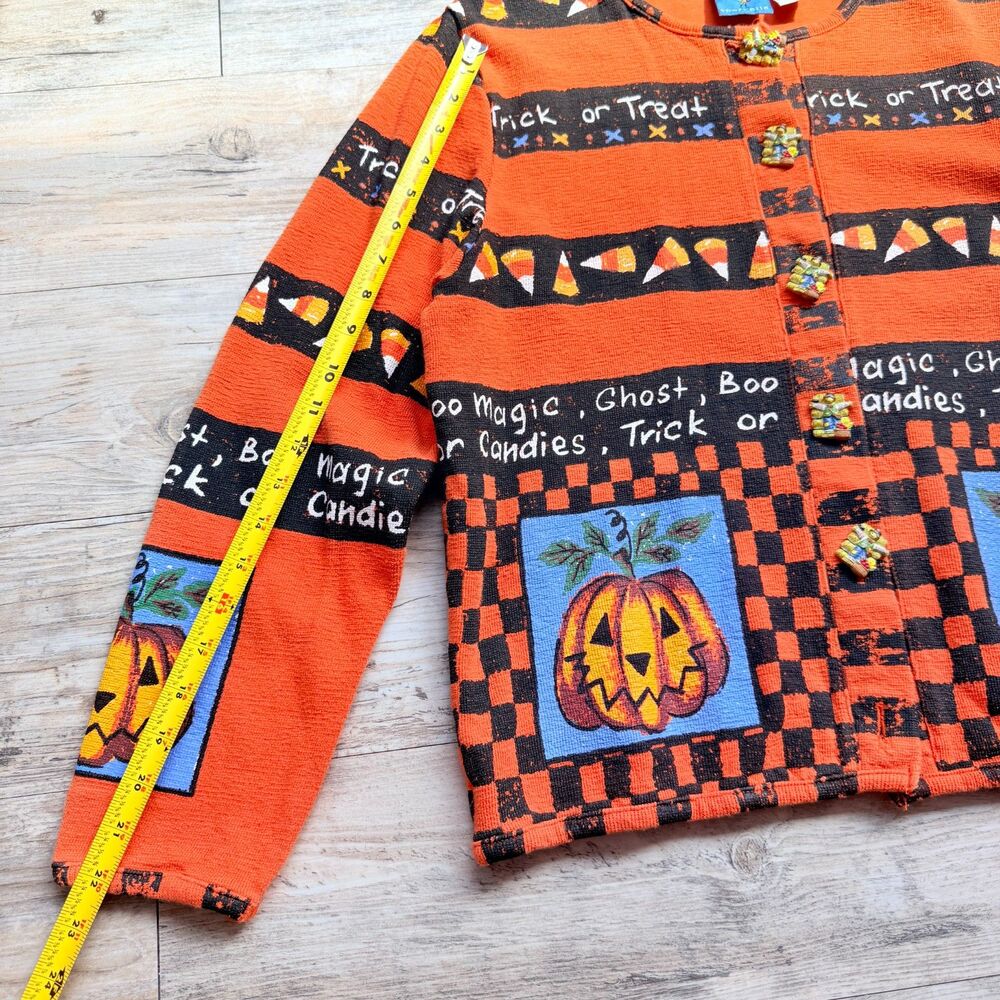 Vintage Halloween Sweater Cardigan Medium Pumpkin Candy Corn Trick or Treat 90s - Picture 8 of 12